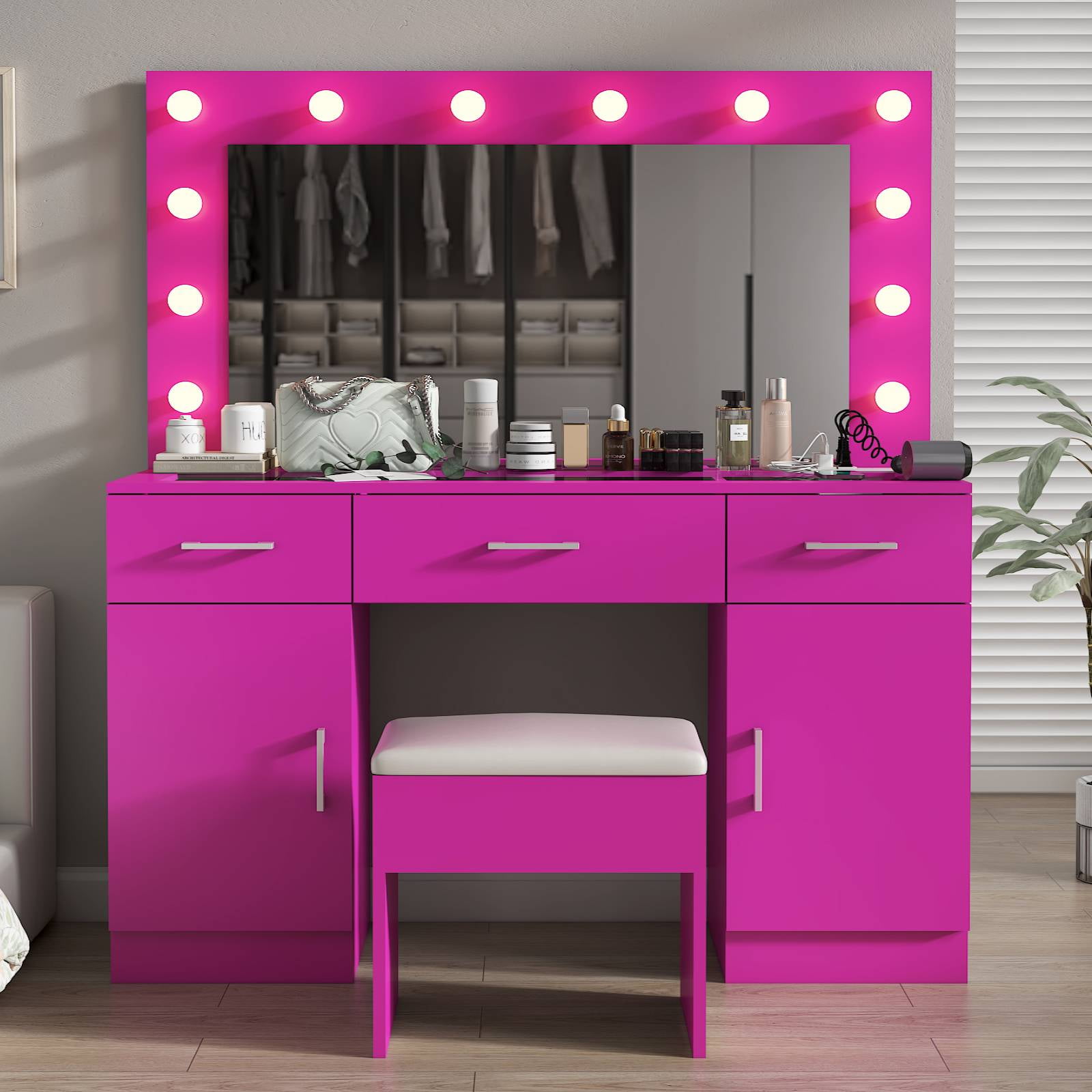 Ktaxon Large Makeup Vanity, Get Ready with Me GRWM Vanity Table Set w/ Visible Glass Top and Charging Station, Pink