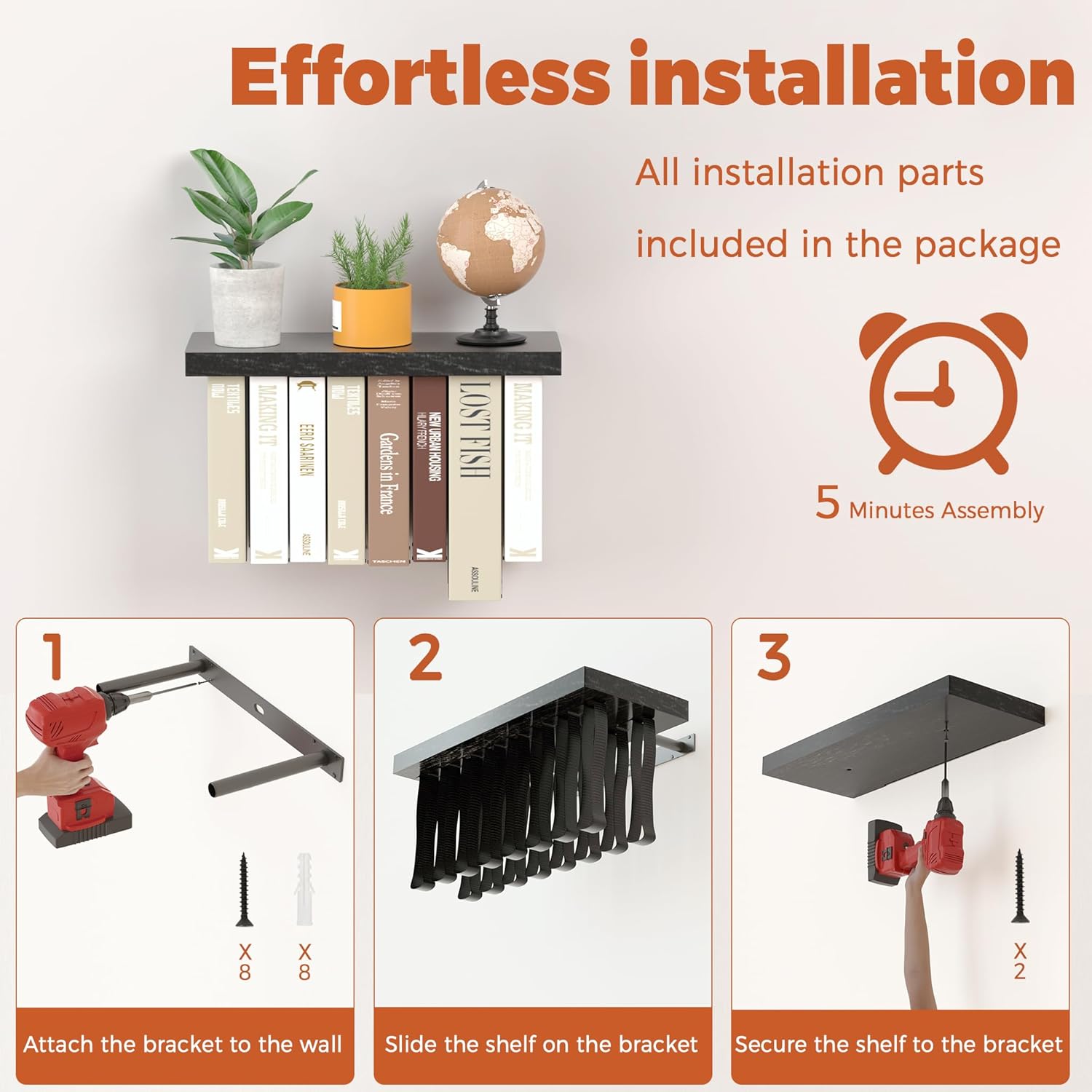 Floating Book Shelves for Wall Mounted Set of 2, Wood Hanging Bookshelf, Book Display Shelf for Wall, Unique Space Saving Book Shelf Wall Book Holder (Black)