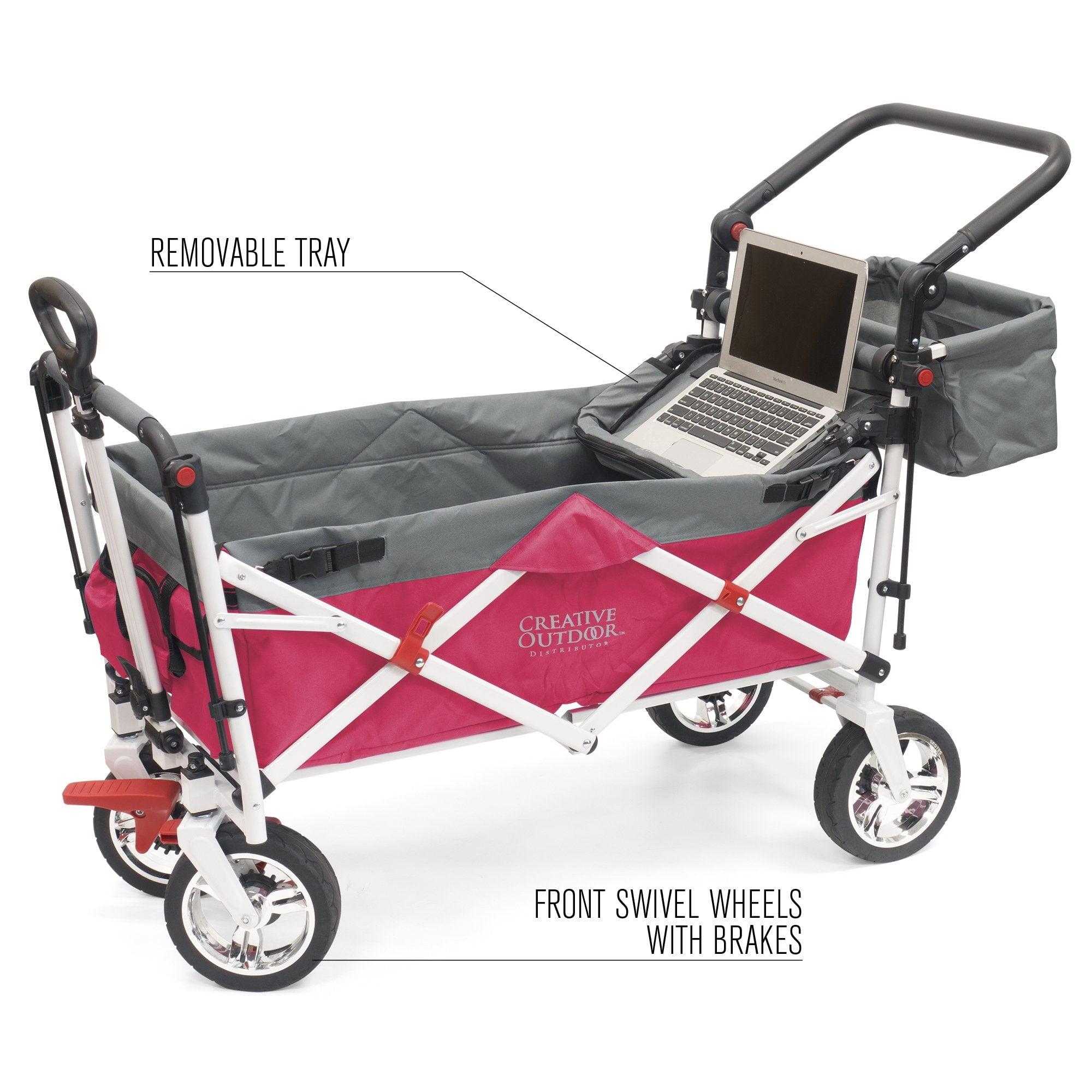 CREATIVE OUTDOOR Push-Pull Collapsible Folding Wagon Stroller Cart w/ Removable Cooler, Canopy & adjustable Handle, Pink