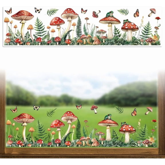 Window Static Cling Decal Sticker Double-Sided for Large Glass Car Windows 1 Sheet Mushroom and Grass 47.2"x11.8" Waterproof Removable Window Decal for Home Office Classroom Decoration