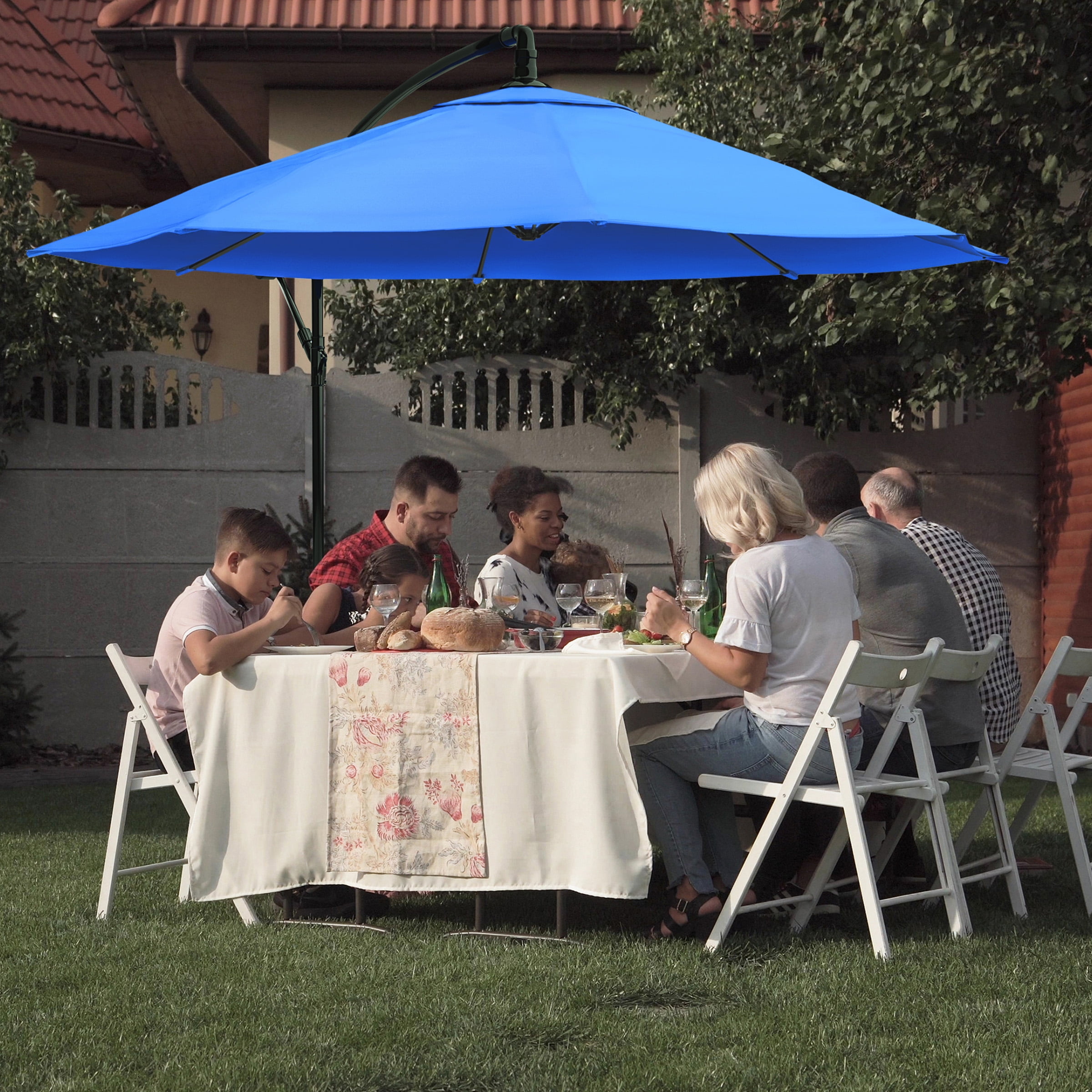 Pure Garden 10-Foot Offset Patio Umbrella with Crank and Base (Blue)