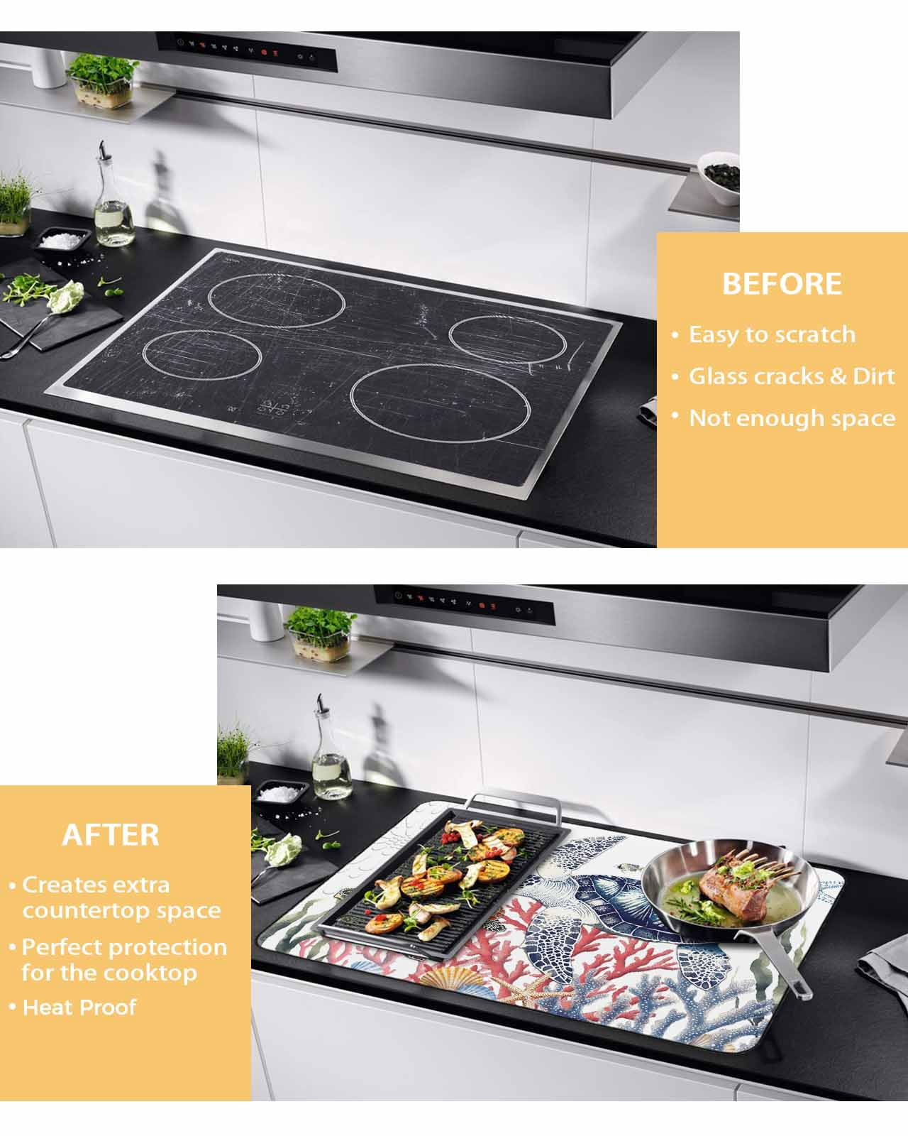 nqOlkjepod Large Induction Cooktop Protector Mat 36"x21", Blue Sea Turtle Coastal Stove Top Covers for Electric Stove, Summer Beach Coral Shell Nautical Stove Burner Cover Mats Stove Cover