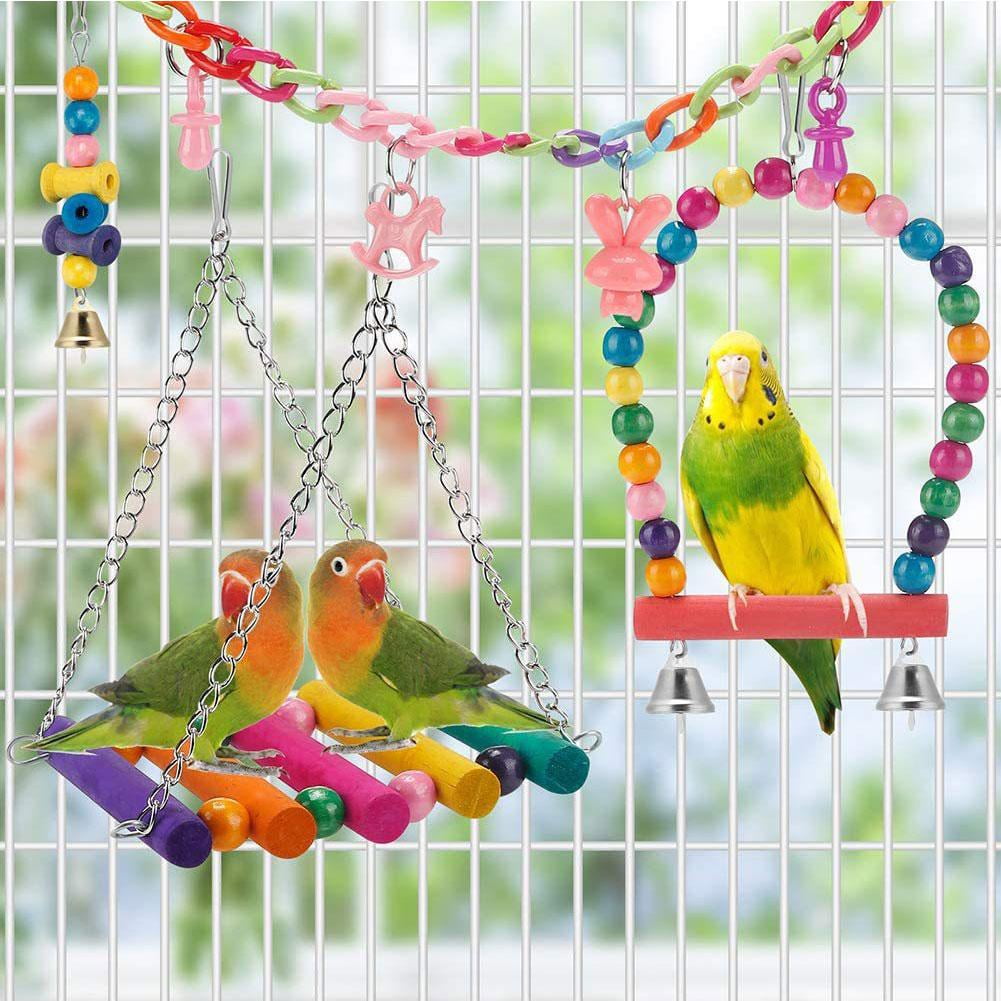 11-Piece Natural Wood Bird Cage Toys Set for Parrots, Parakeets, Cockatiels - Chewable Swing, Beads, and Foraging Fun