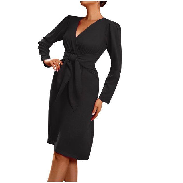 Vestido regular de manga larga con cuello en V y cremallera sólida sexy para mujer a la moda Fridja yut4336