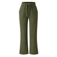 thumbnail image 3 of Summer Pants for Women Solid Color Strapped Pockets Loose Straight Linen Trouser Army Green Lounge Pajama Pant L, 3 of 5