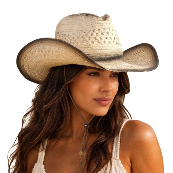 Sun Hat with Western Cutout Design and Wide Brim for Beach Travel Outdoor Cowboy Style Lightweight