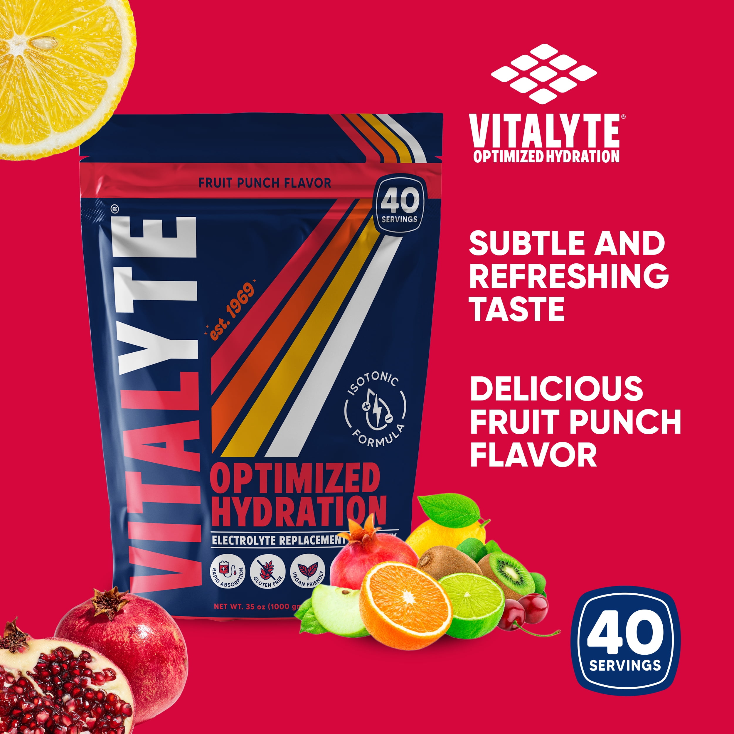 Vitalyte Fruit Punch Electrolyte Powder Mix, Isotonic Hydration, 40 Servings, 35 oz