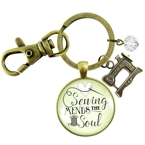 Sewing Keychain Gutsy Goodness Mends the Soul Seamstress Key Ring Bronze Metal Adult Female Jewelry Machine Charm