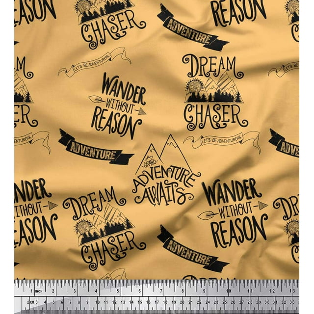 Soimoi Orange Silk Fabric Dream Chaser Text Print Sewing Fabric Yard 42 Inch Wide