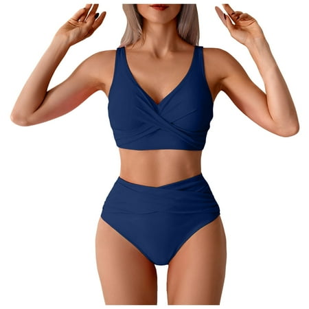 2DXuixsh 2Pcs Women s 2 Piece Bikini Set Summer Tankini Beachwear Belly Covering High Waist Swimsuit Bikini Bottom Swimwear Sexy Two Piece Swimsuit Blue Size M