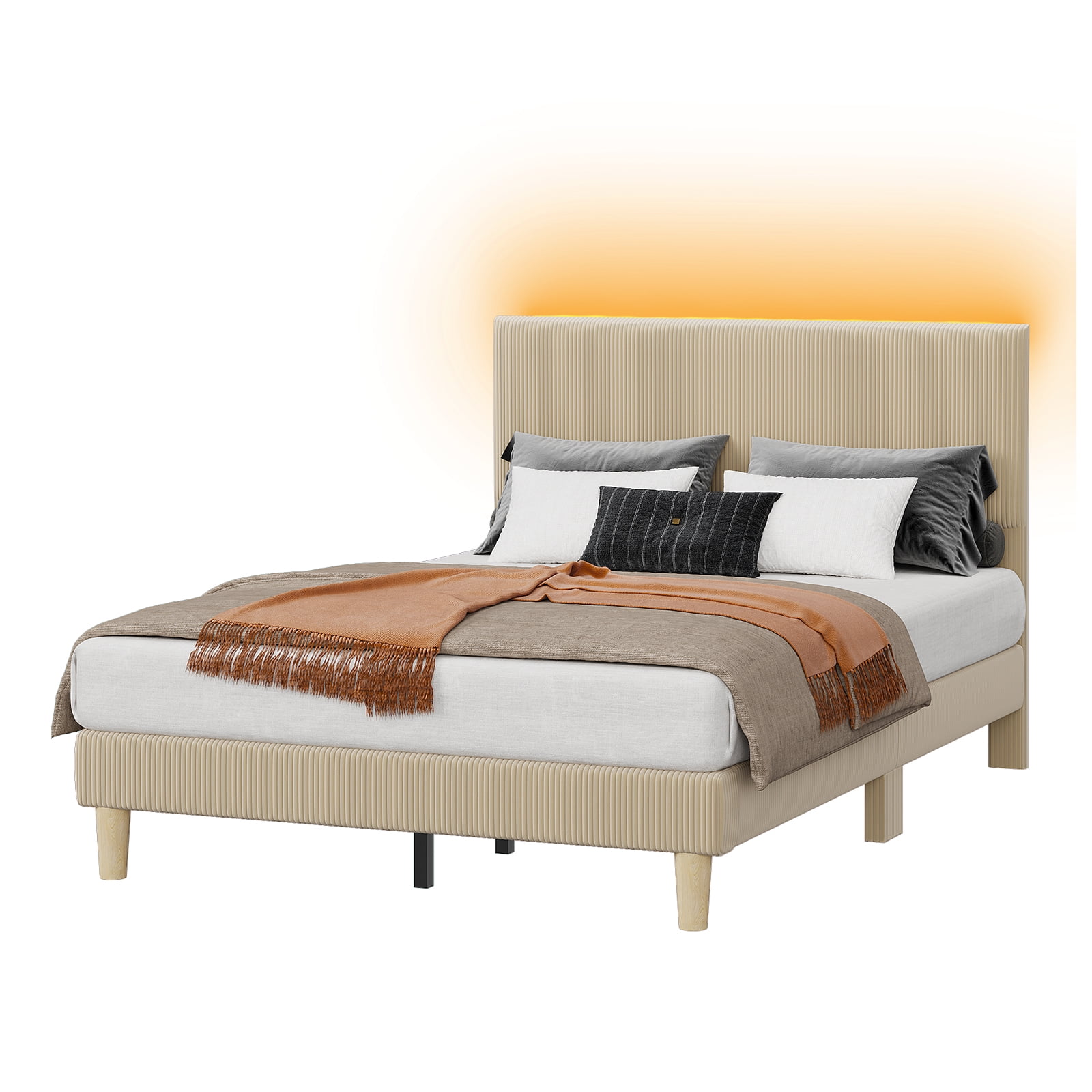 Bestier Corduroy Upholstered Full Bed Frame with Adjustable Headboard, Platform Bed Frame with LED Light, Solid Wood Slats, No Box Spring Needed, Beige