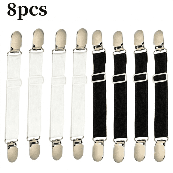 8 PCS Heavy Duty Bed Sheet Clips - Adjustable Elastic Grippers Non-Slip Mattress Holders for Bed Corners, Strong Suspender Fasteners to Keep Sheets in Place (Black White)