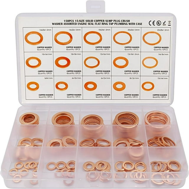 CHUANK 150pcs Copper Washer Drain Gasket Assortment Kit - M5 to M22 15 Sizes Flat Washers for Sealing Screws and Rings