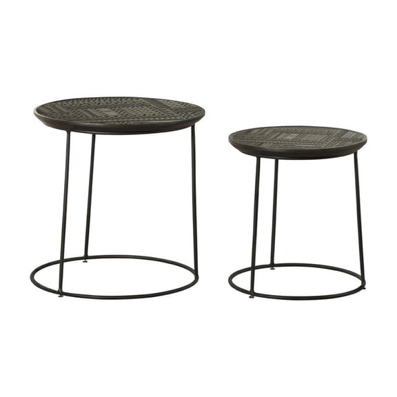 2 Piece Round Nesting Side End Table Embossed Wood Top Matte Black