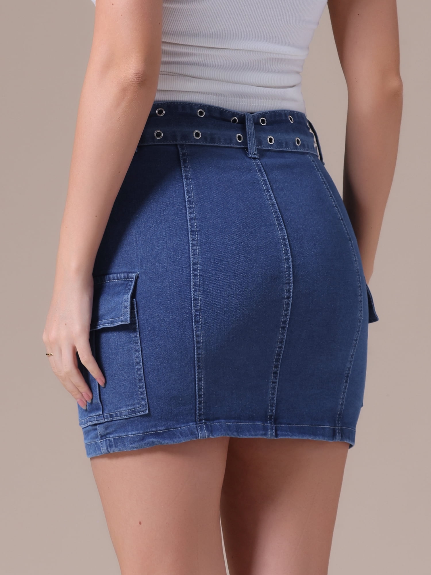 DARING DIVA Women's Summer High Waist Bodycon Mini Cargo Jean Skirt XL Blue