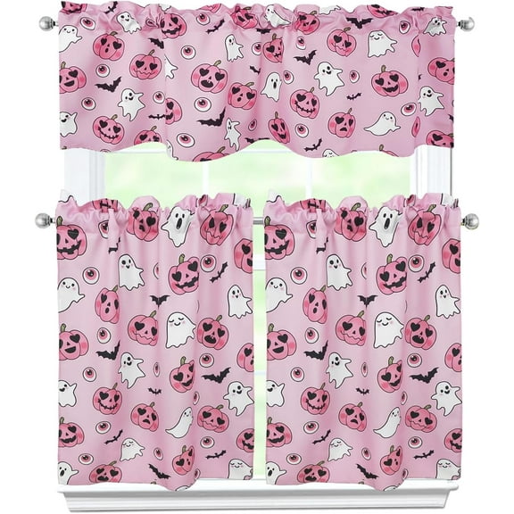 Halloween Kitchen Curtains 3 Piece Set Pumpkin Ghost Bats Curtains Valance & Tiers for Kitchen Home Indoor Cafe 36 Inch Short Window Curtain Over Sink Window Farmhouse Halloween Decor