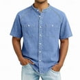thumbnail image 2 of Hesxuno Men Fashion Button Down Shirts Mandarin Collar Denim Short Sleeve Shirt Loose Fit Western Work Tops Casual Stretchy Cowboy Blouses with Pockets Light Blue XL, 2 of 5