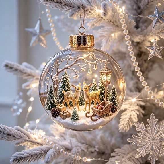 Christmas Ornament, Glowing Christmas Diorama Ornament, 3.1" Miniature Christmas Scene in Clear Plastic Ball with Warm Led Lights, Hanging Holidays Festive Decor for Tree Home Party