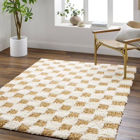 Mark&Day Area Rugs, 3x7 Bondurant Modern Shag Mustard Runner Checkered Rug, Cream Yellow Carpet for Hallway, Kitchen, Bedroom or Living Room (2'8" x 7'3" Runner)