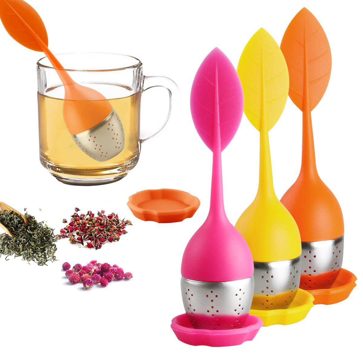 Peroptimist Loose Leaf Tea Infuser , Silicone Handle Tea Infuser, Stainless Steel Strainer ,Tea Diffuser for Loose Tea, Fennel Tea, Herbal Tea 3 Set - Orange/Pink/Yellow - image 1 of 8