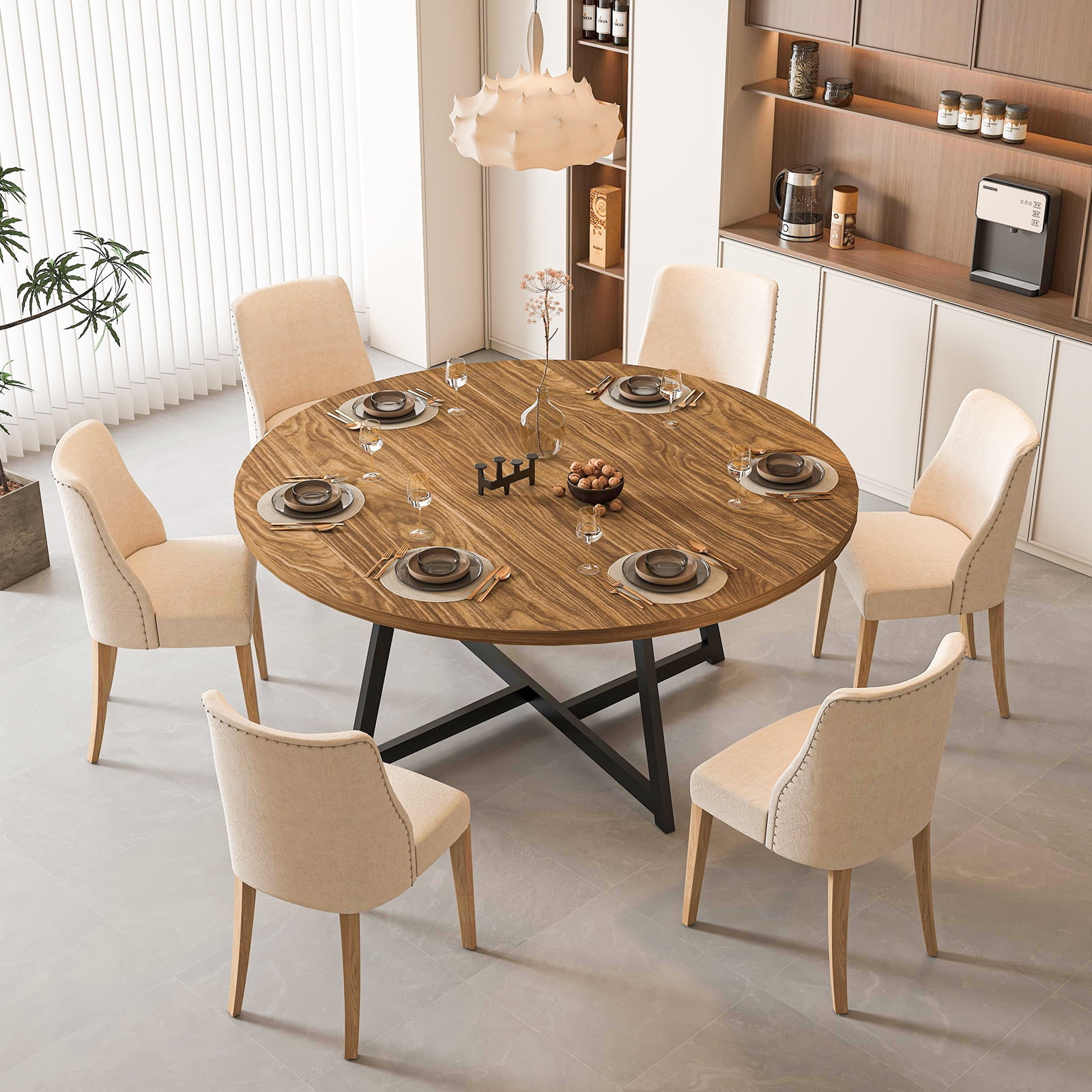 JassmiPkwy Round Dining Table for 4-8 People,Kitchen Dining Room Circle Dinner Pedestal Table,Space Saving Wood Kitchen & Dining Room Furniture (Brown, 59In)