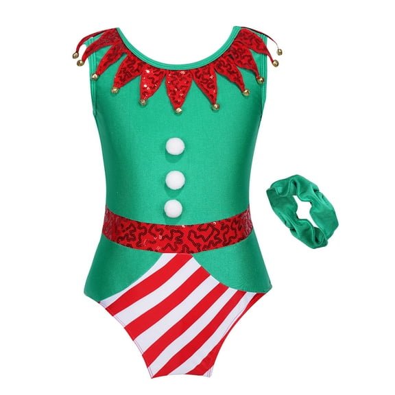 YONGHS Kids Girls Christmas Jumpsuit Sequin Bell Elf Bodysuit Xmas Carnival Party Outfits Green 12