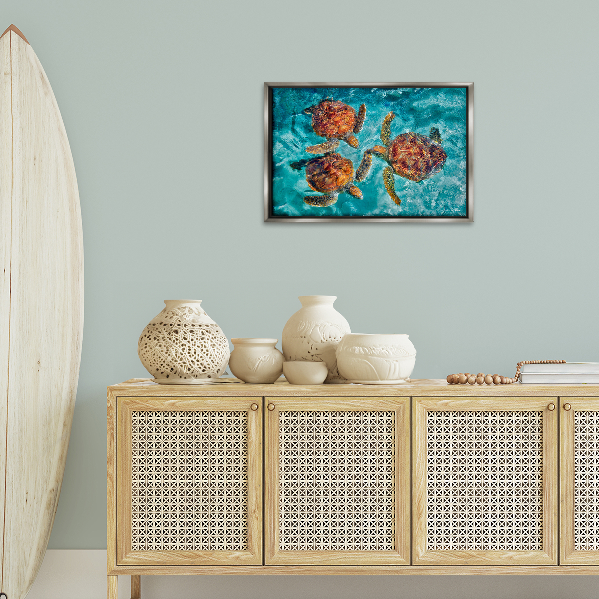Stupell Industries Swimming Tortoise Trio Animals & Insects Painting Gray Floater Framed Canvas Art Print Wall Art, 25 x 17