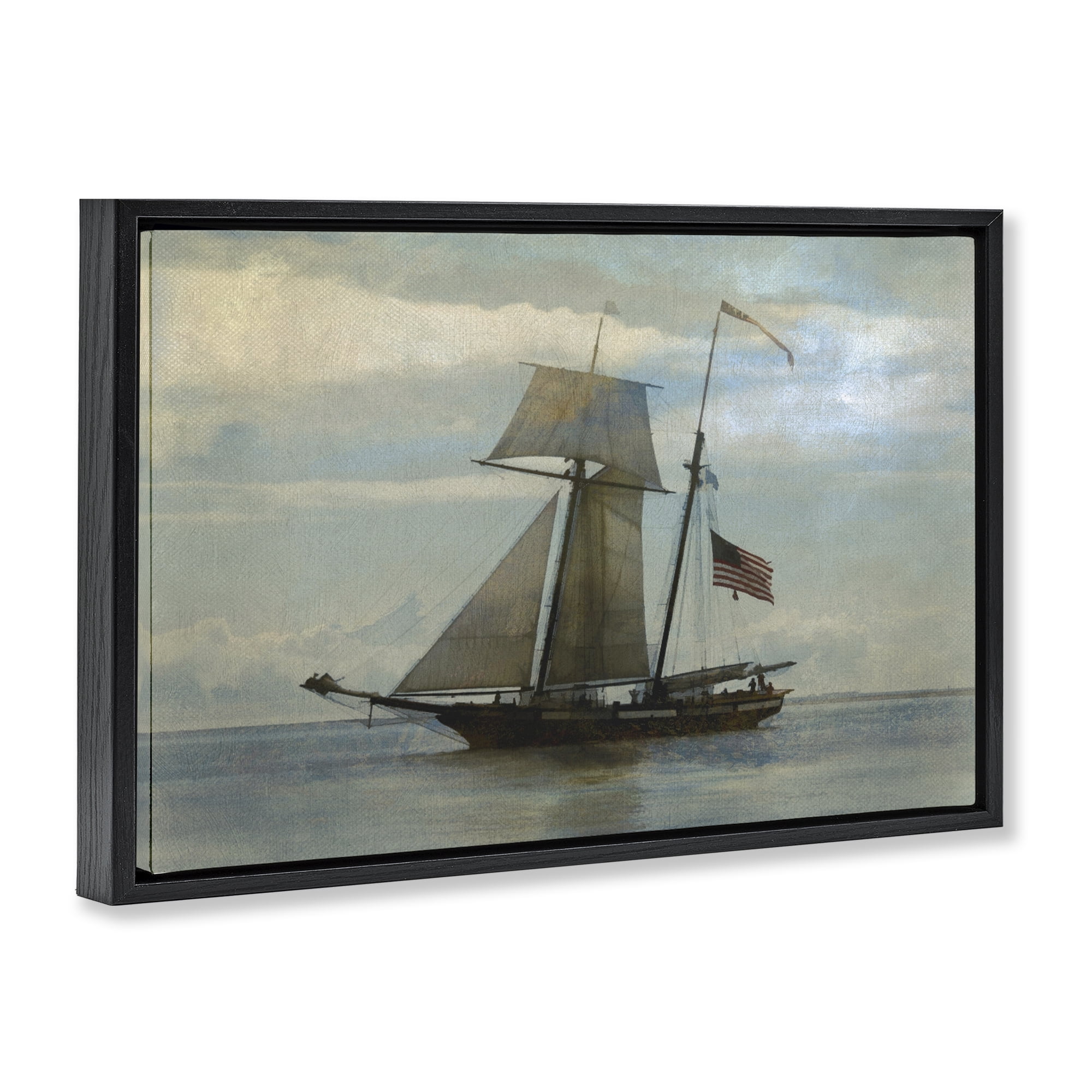 Stupell Industries Classic Ship with Flag Transportation Painting Black Floater Framed Canvas Art Print Wall Art, 31 x 21