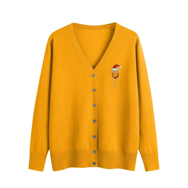 Lenpel Cardigan Sweaters for Women Long Sleeve V Neck Button down Printed Christmas Cardigans Knit Outwear Coats(Yellow,Small)