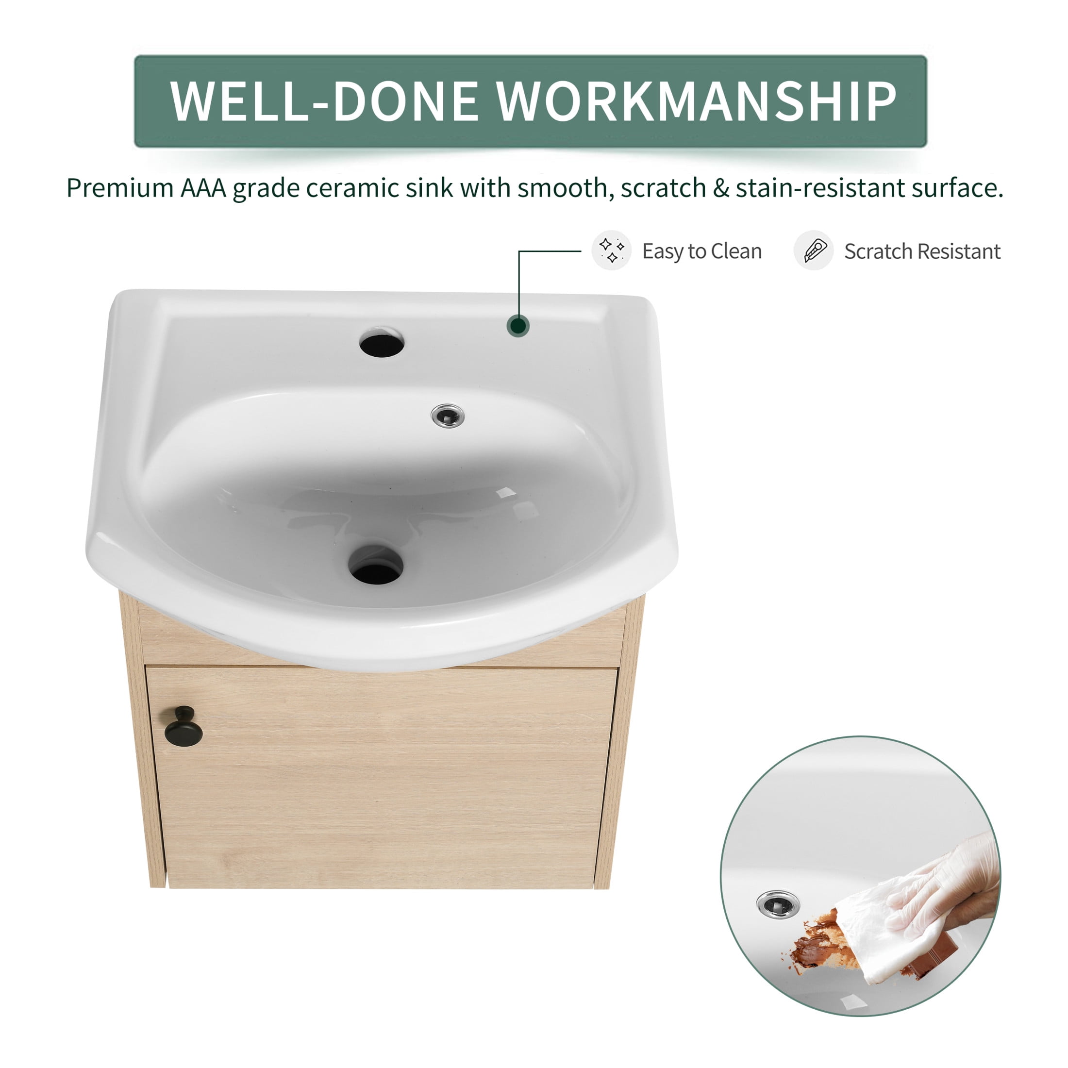 Noble House 18" Floating Bathroom Vanity, Ceramic Sink, Plywood Soft-Close Door, Wall-Mounting, Plain Light Oak