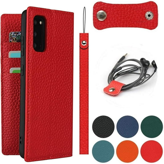 Galaxy S20 Genuine Cowhide Leather Wallet Case,Headset Winder,Flip Folio Magnetic Closure,Card Slots,Kickstand,Cash Pockets Wrist Strap Cover Case for Samsung Galaxy S20,6.2",Red
