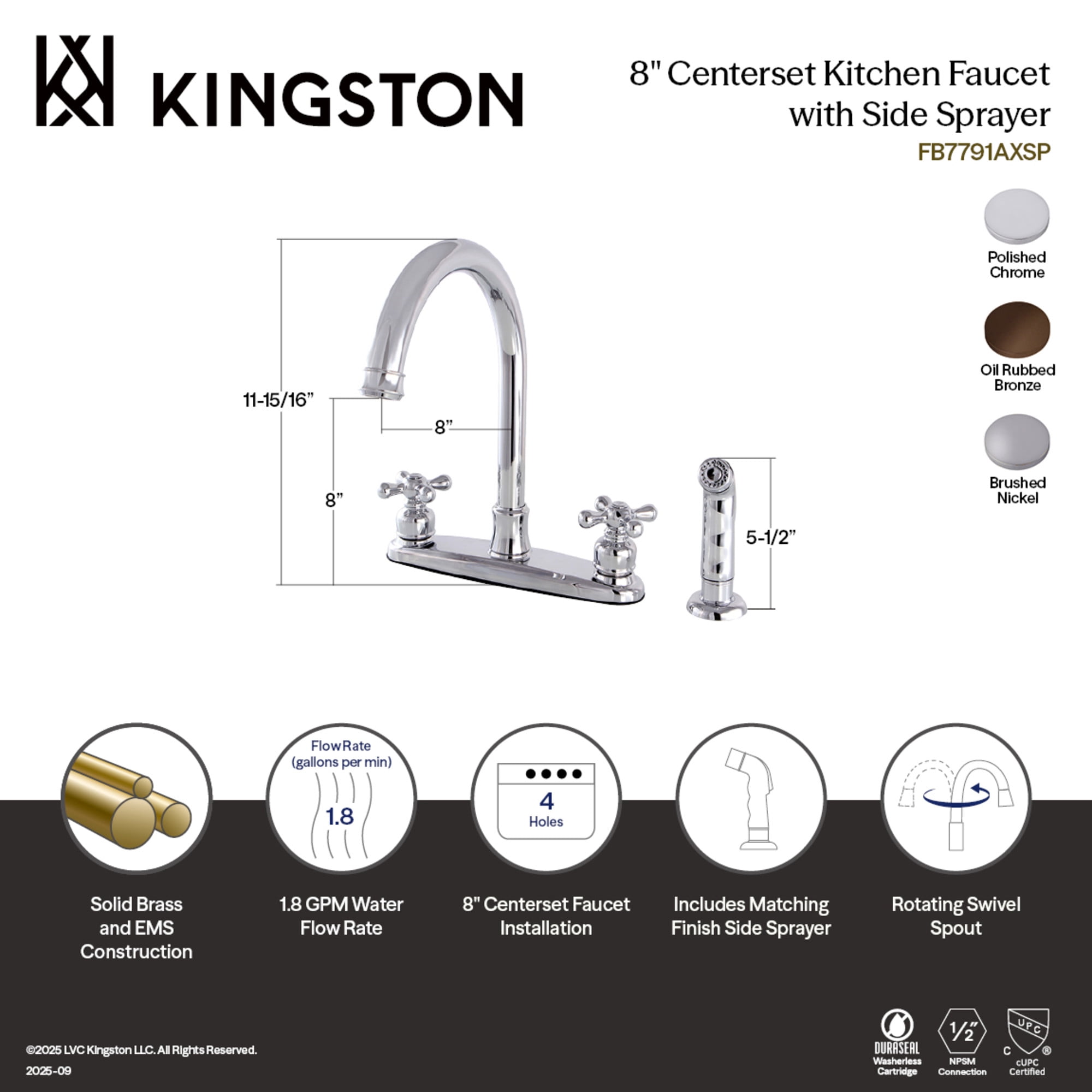 Kingston FB7795AXSP Victorian Two-Handle 4-Hole 8" Centerset Kitchen Faucet with Side Sprayer in Oil Rubbed Bronze