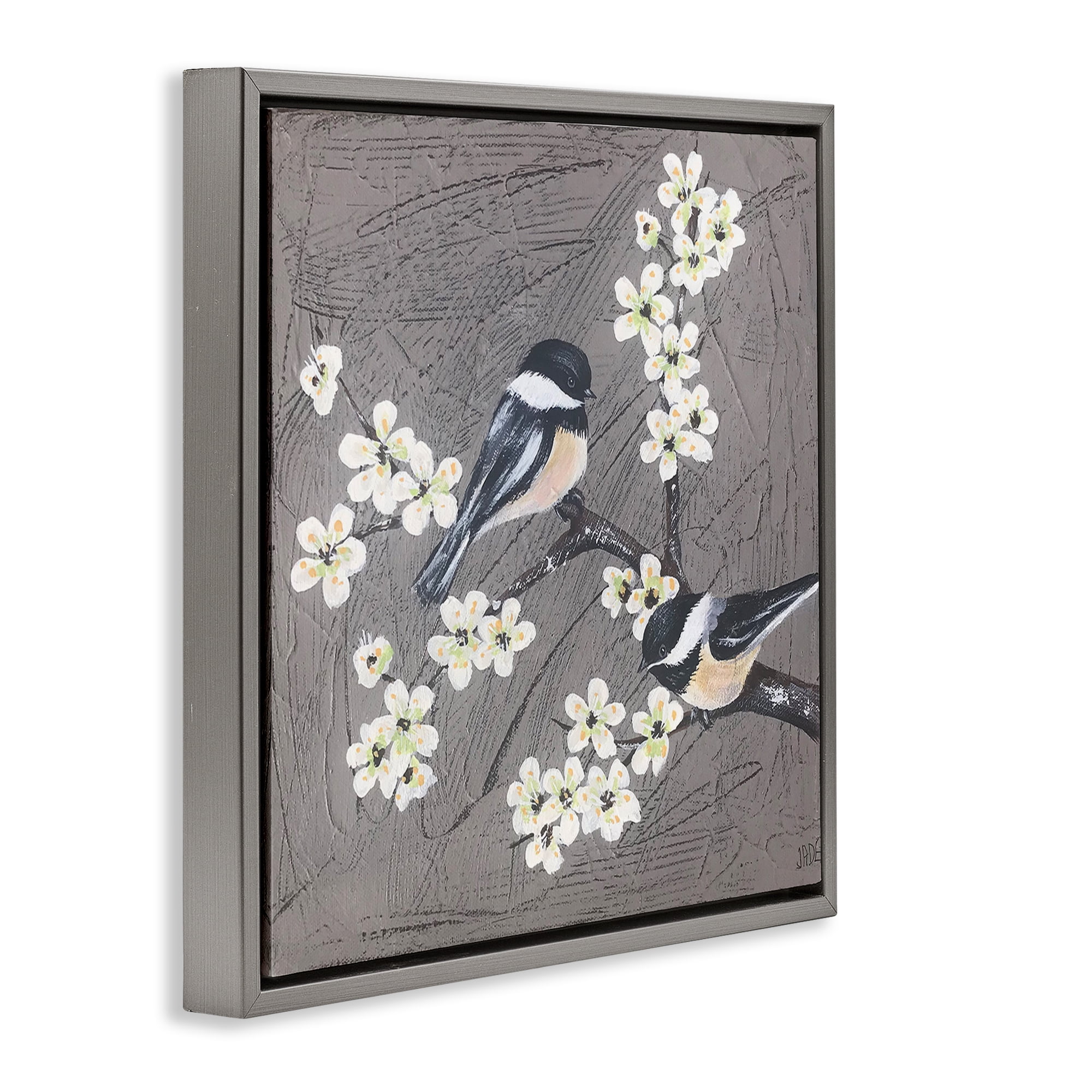Stupell Industries Birds & Apple Blossoms Animals & Insects Painting Gray Floater Framed Canvas Art Print Wall Art, 25 x 25