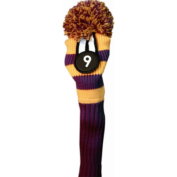 Majek #9 Hybrid Rescue Utility Purple & Yellow Golf Headcover Knit Pom Pom Retro Classic Vintage Head Cover