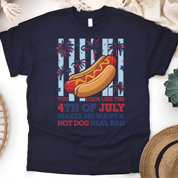 Funny 4th of July Hot Dog T-Shirt – Patriotic Cookout Humor Tee, Navy, Size S