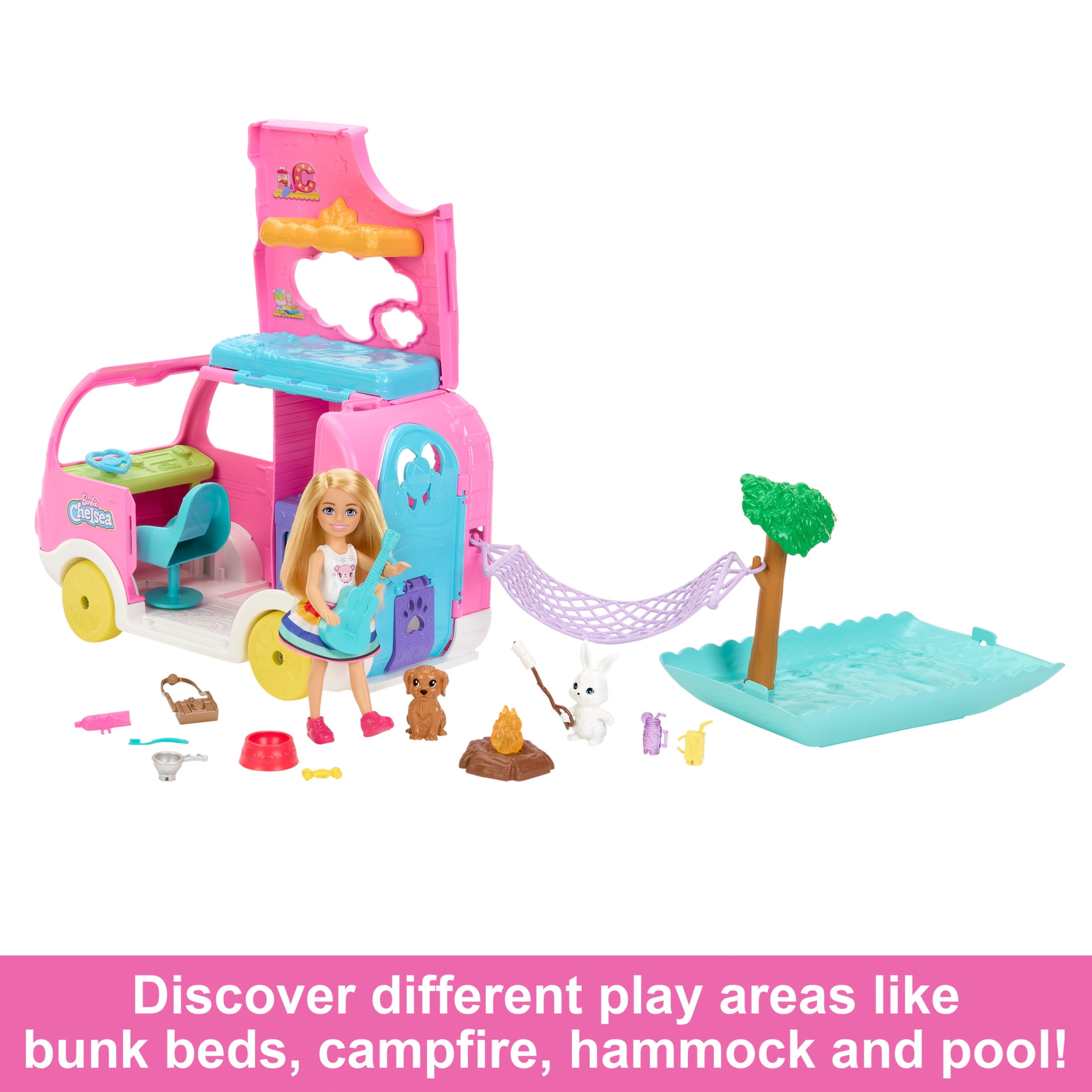 Barbie Chelsea Adventure Trip Toy 2 in 1 Camper Playset with Pool Small Doll 2 Pets 15 Accessories Camp Set Walmart