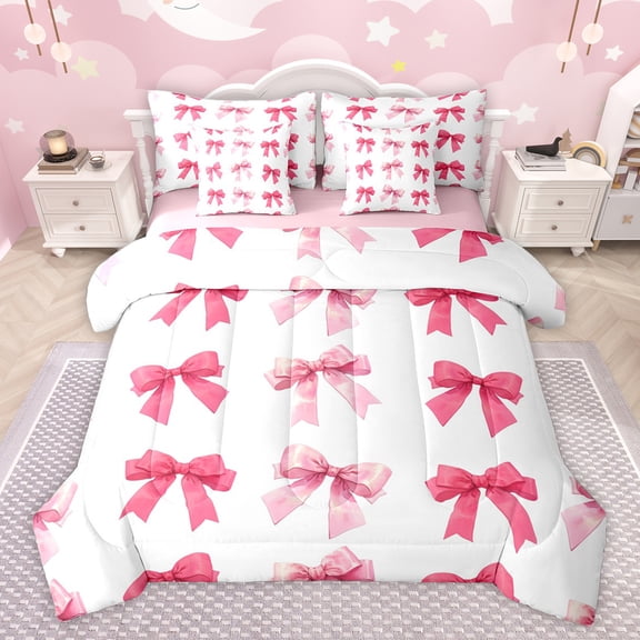 Feelyou Cartoon Bowknot Bow Bedding Comforter Set 7 Pieces for Child, Fashion Ribbon Pink Full Bedding Set, Fairy Tale Princess Reversible Fitted Sheet Flat Sheet, Microfiber Bedroom Decor