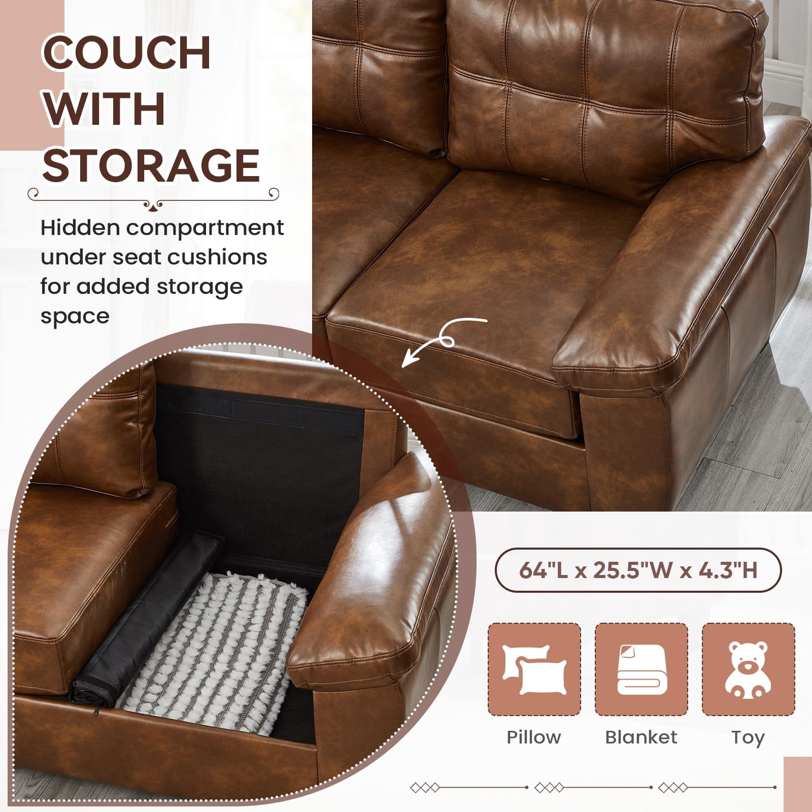 Aukfa 2-Piece PU Leather Sofa Set, Vintage 3-Seater Couch and Loveseat with Storage Space, Upholstered Living Room Furniture Set, Brown