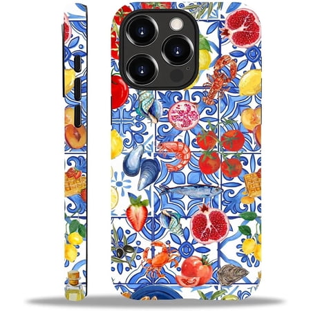 Case for iPhone 15 Pro Drop Protection Hybrid 2-Layer Hard Phone Cover-Tile Beachy Fruit Collage