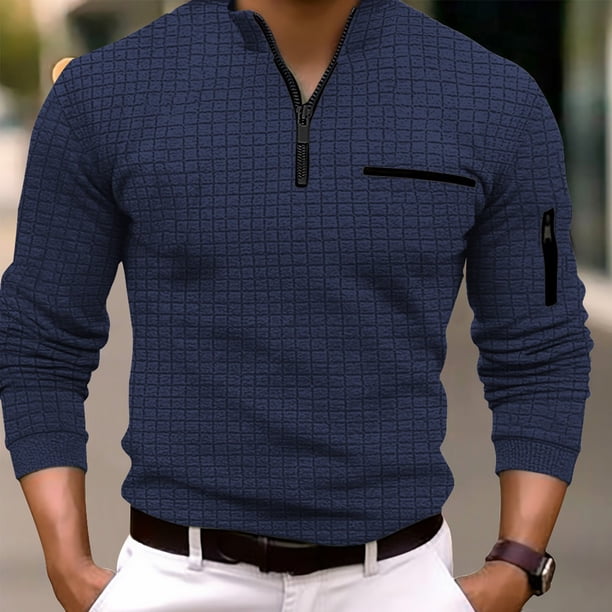 Blusa y camisa deportiva de manga larga con cuello alto y cremallera a cuadros para hombre