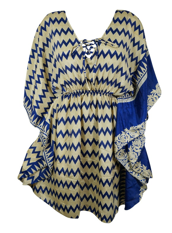 Mogul Womens Summer Caftan Blue Beige Zig Zag Print Kaftan Dress M-XL