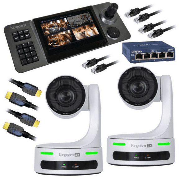 Kingdom Robotic 4K 2 Camera Package (White, 20x Zoom) with PTZ controller.