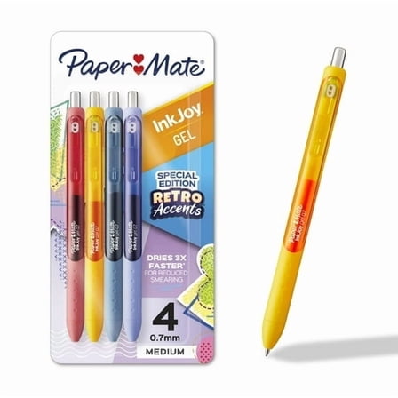 Paper Mate InkJoy Gel Pens, Retro Accent Colors, Medium (0.7mm) Point, Retractable, 4 Count
