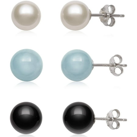 Aquamarine Set Stud (8mm Genuine Cultured Freshwater Pearl, Black Onyx and Milky Aquamarine Sterling Silver Stud Earring)