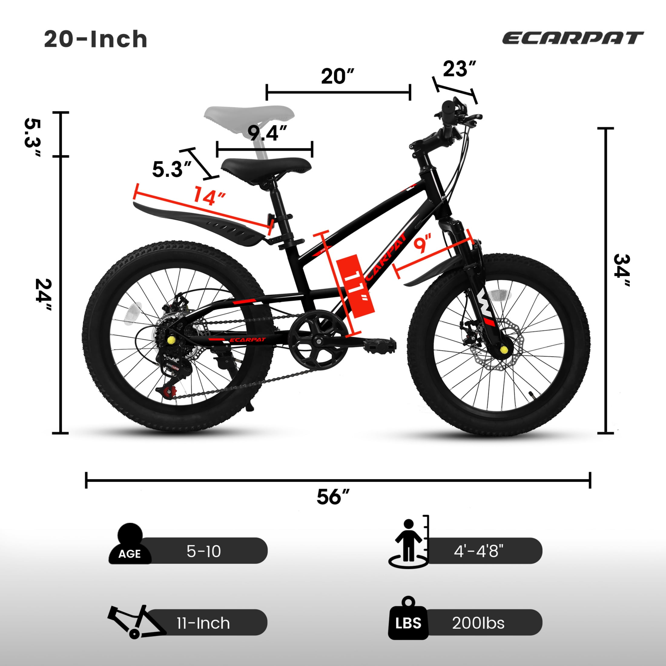 QEEKA 20" Kids Mountain Bike,Boys Girls Bike for Ages 6-12 with 7 Speeds Suspension Fork Disc Brakes,Rider Height 48-60 Inch,Christmas Birthday Gifts Kids Bicycles,Black