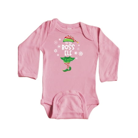 

Inktastic Funny Christmas I m the Boss Elf with Shoes and Hat Gift Baby Boy or Baby Girl Long Sleeve Bodysuit