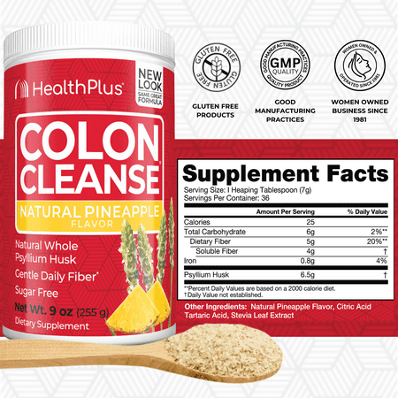 Health Plus Colon Cleanse Digestive Support | No Artificial Flavors | Daily Fiber for Toxin Elimination To Reduce Bloating | Psyllium Husk | Pineapple Flavor | 9 Ounces, 36 Servings