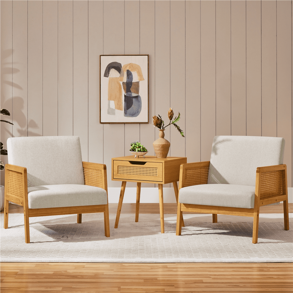 Renwick Fabric Upholstered Accent Chair with Rattan Sides for Living Rooms,Beige