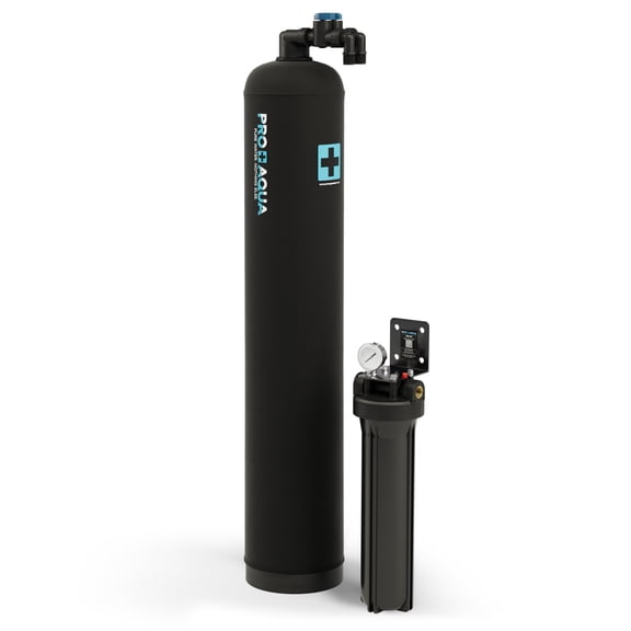 PRO AQUA Whole House 15GPM Salt-Free Water Softener Bundle with Single-Stage Carbon Infused Pre-Treatment Filter System | Removes Sediment, Chemicals, Chlorine, Contaminants, & Odor (15 GPM)