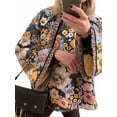 thumbnail image 2 of Womens Causal Cropped Quilted Long Sleeve Padded Jackets Floral Printed Open Front Puffer Coat Black M, 2 of 9